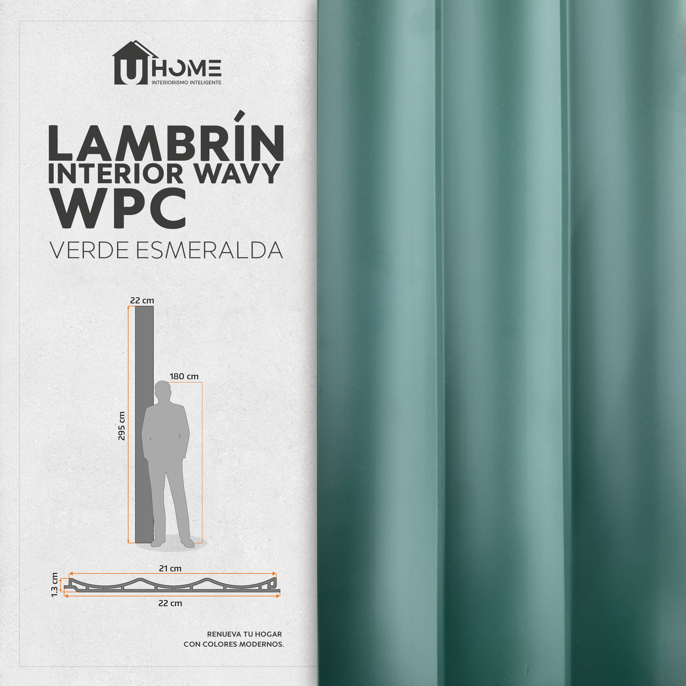 Lambrín Interior Wavy Verde Esmeralda 295 x 22 cm | Caja 14 pzs