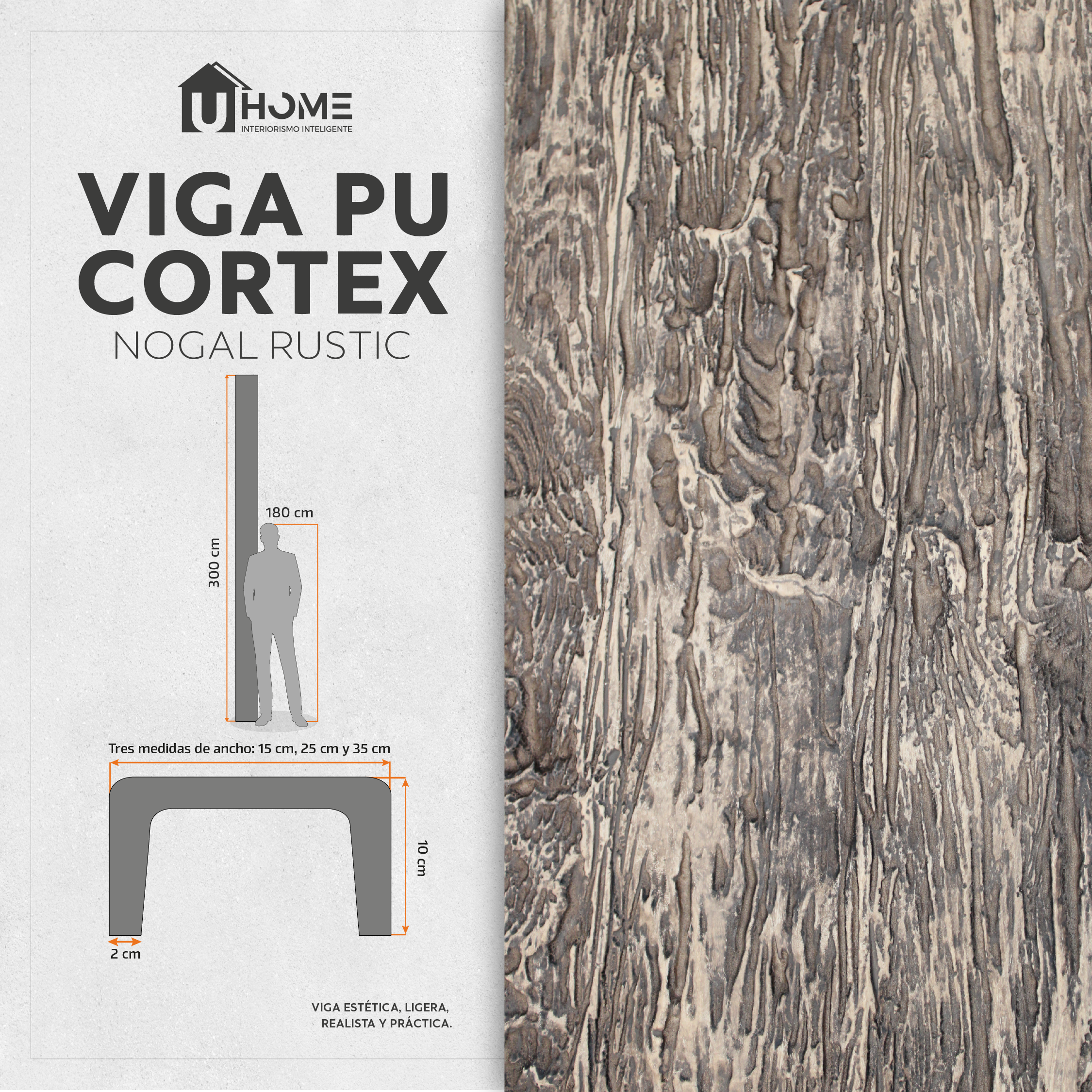 Viga Interior PU Rústica Nogal 15 x 10 x 300 cm
