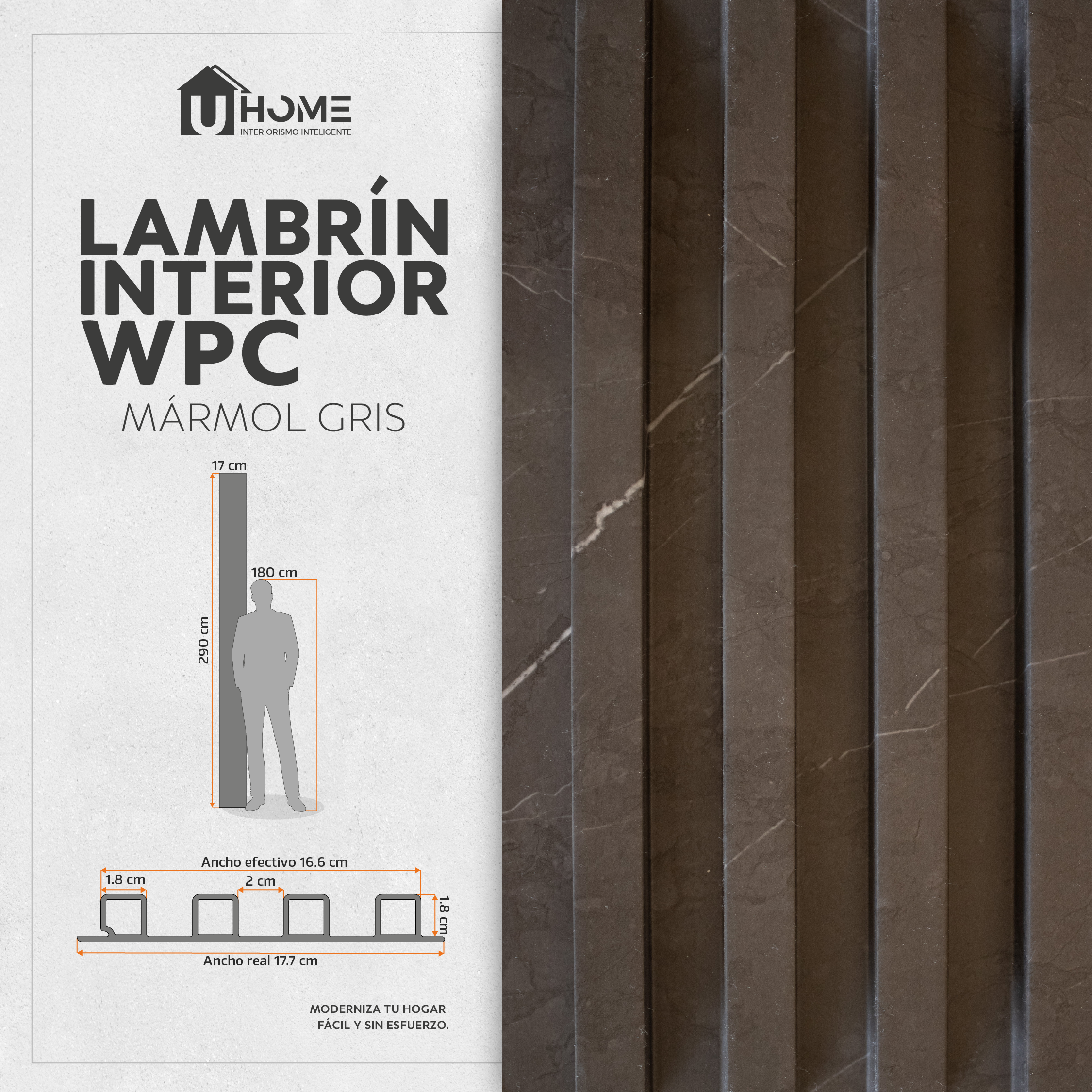 Lambrin Interior Marmol Gris 290 cm | Caja 14 pzs