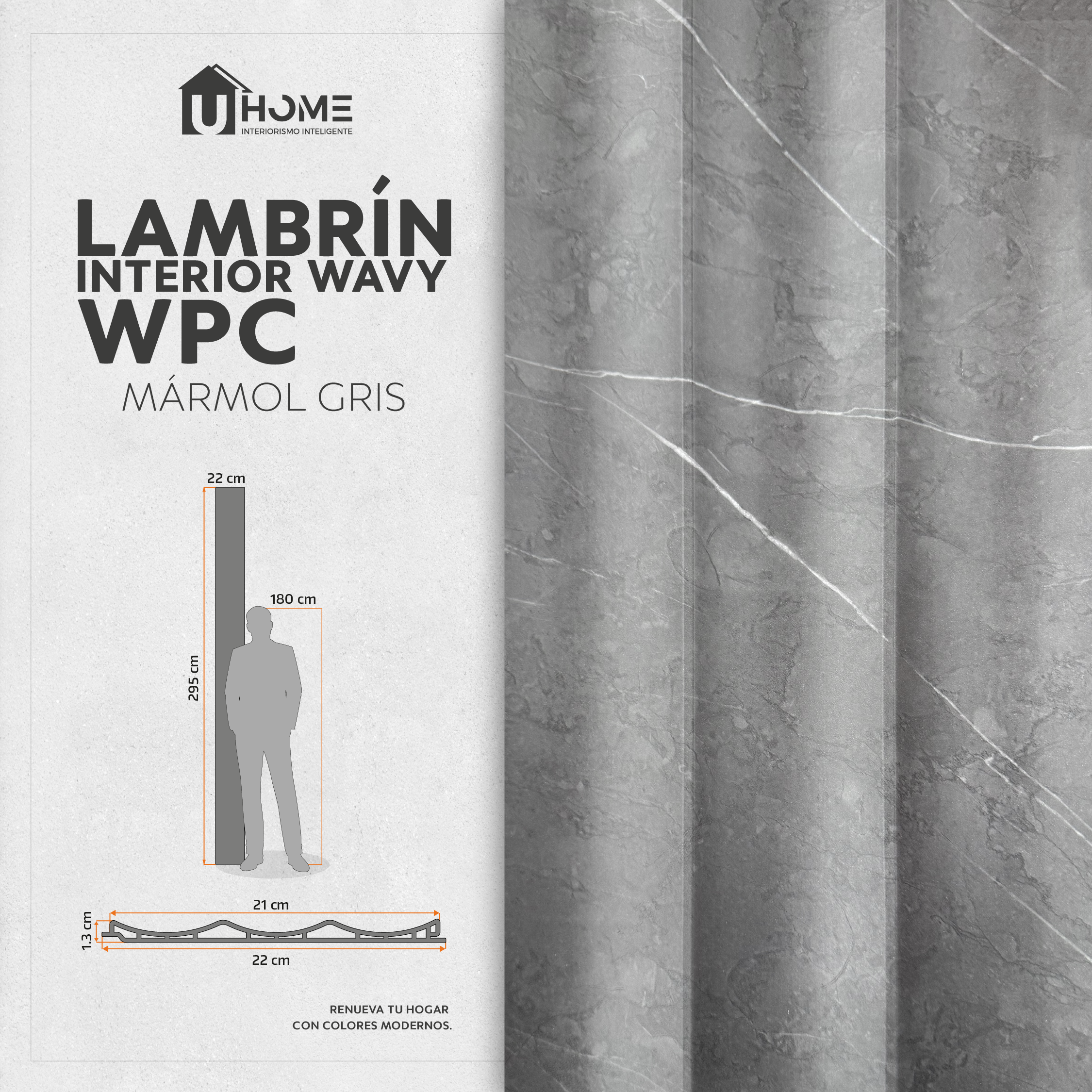 Lambrín Interior Wavy Mármol Gris 295 x 22 cm | Caja 14 pzs