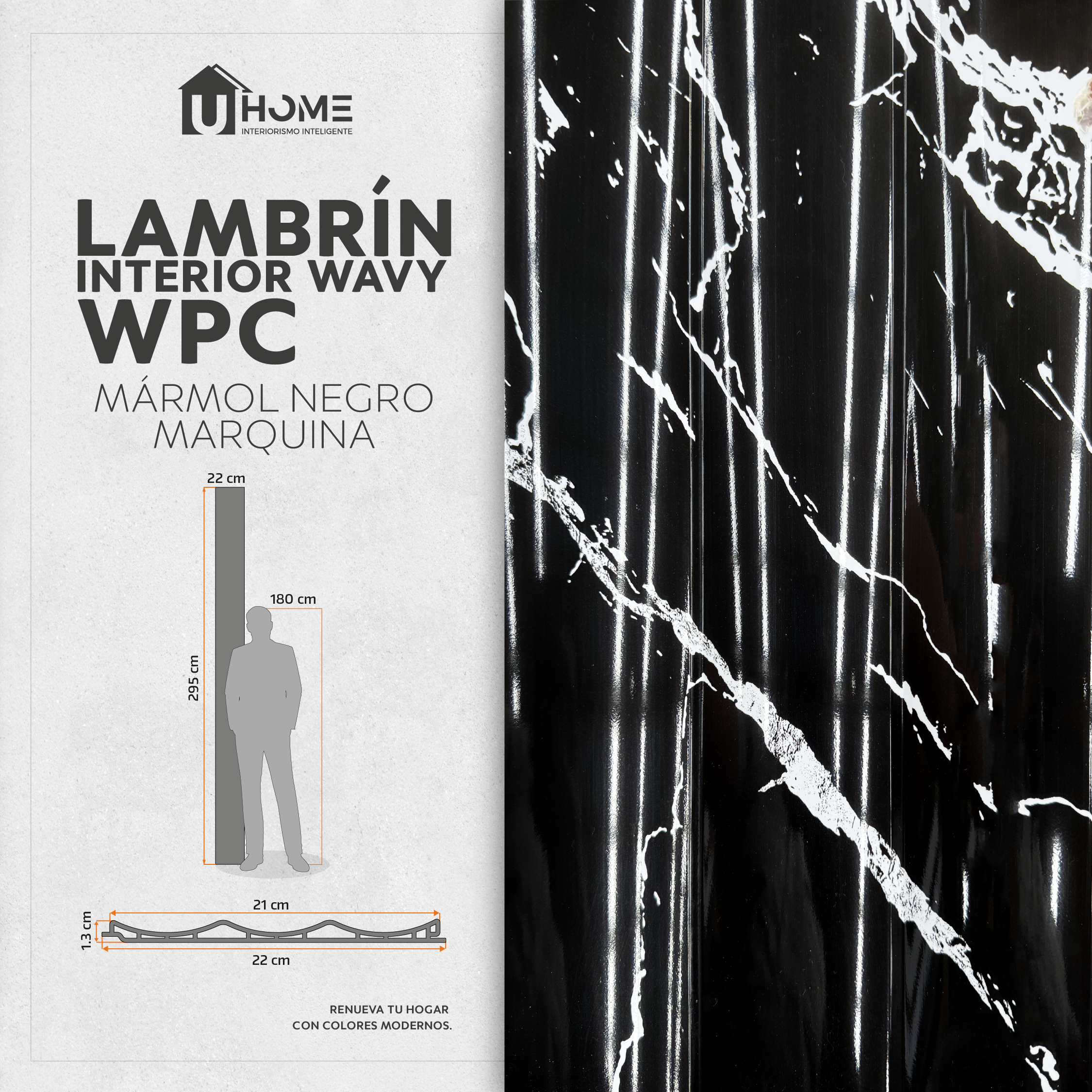 Lambrín Interior Wavy Mármol Negro Marquina 295 x 22 cm | Caja 14 pzs