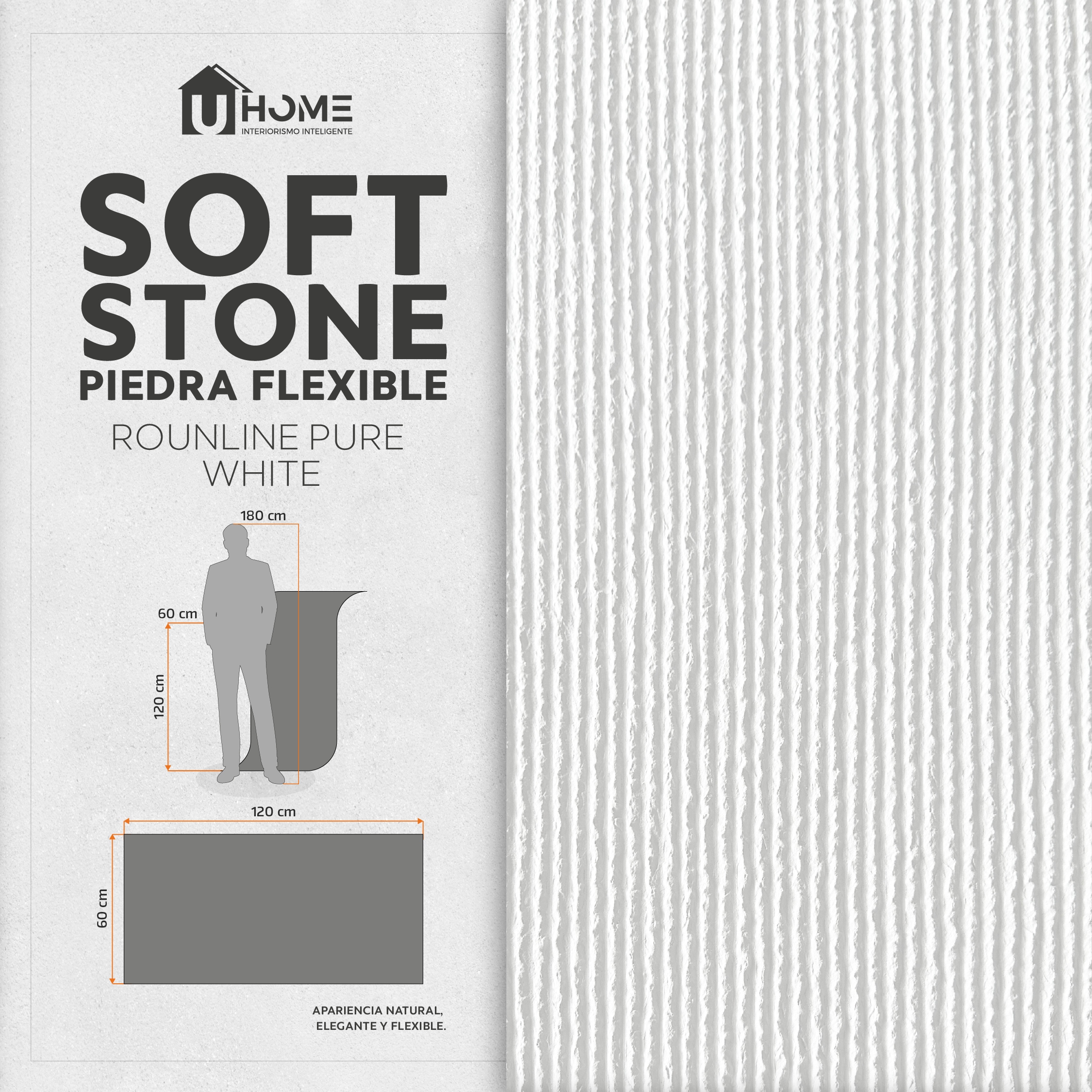 Piedra Flexible Rounline Pure White | Caja 12 Piezas 60 x 120 cm