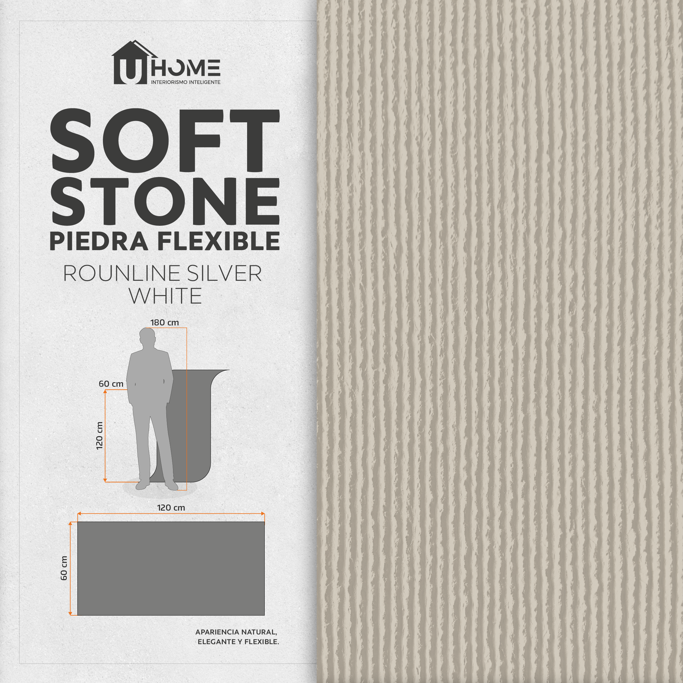 Piedra Flexible Rounline Silver White | Caja 12 Piezas 60 x 120 cm