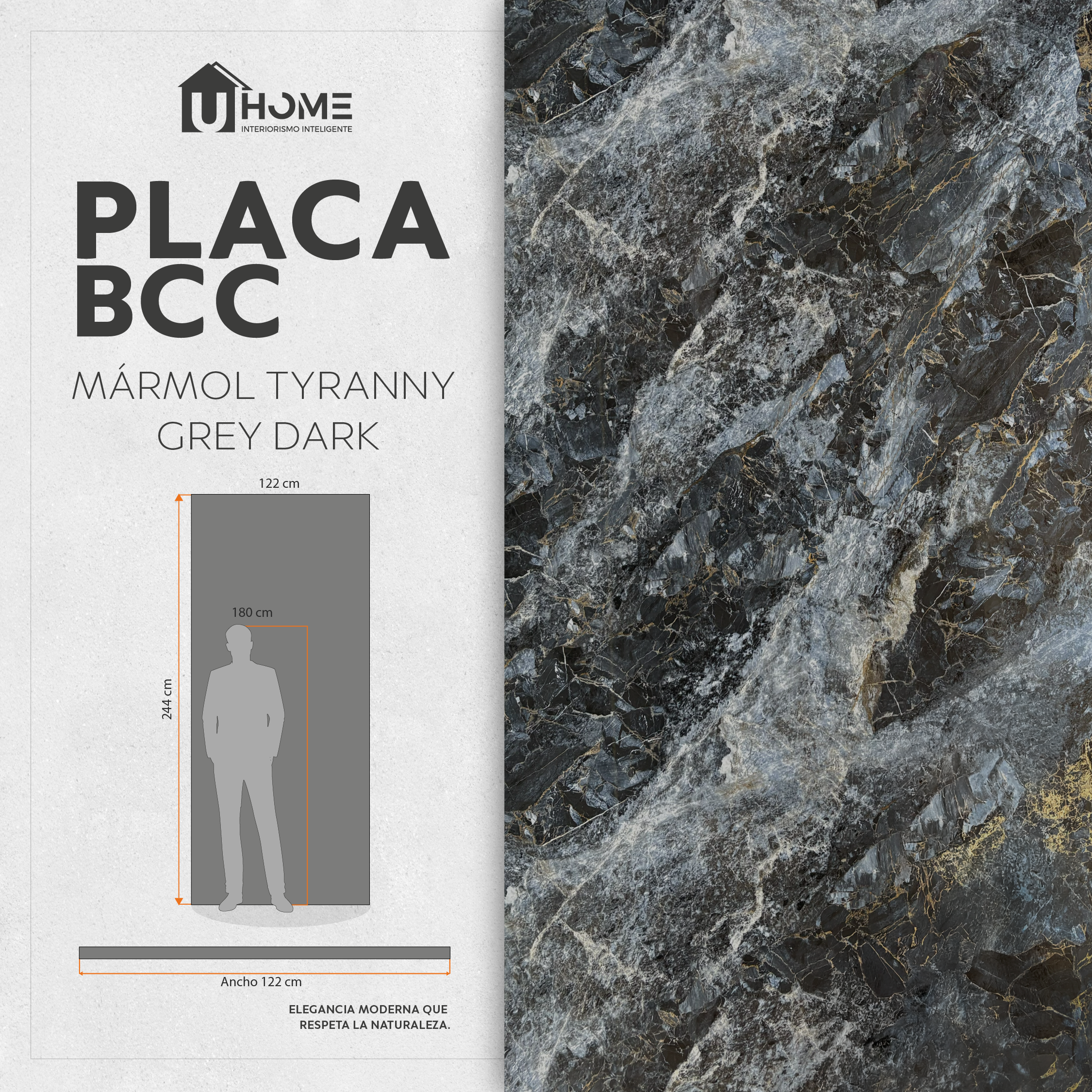 Placa Bamboo Marmol Tyranny Grey Dark - Hoja 1.22 x 2.44
