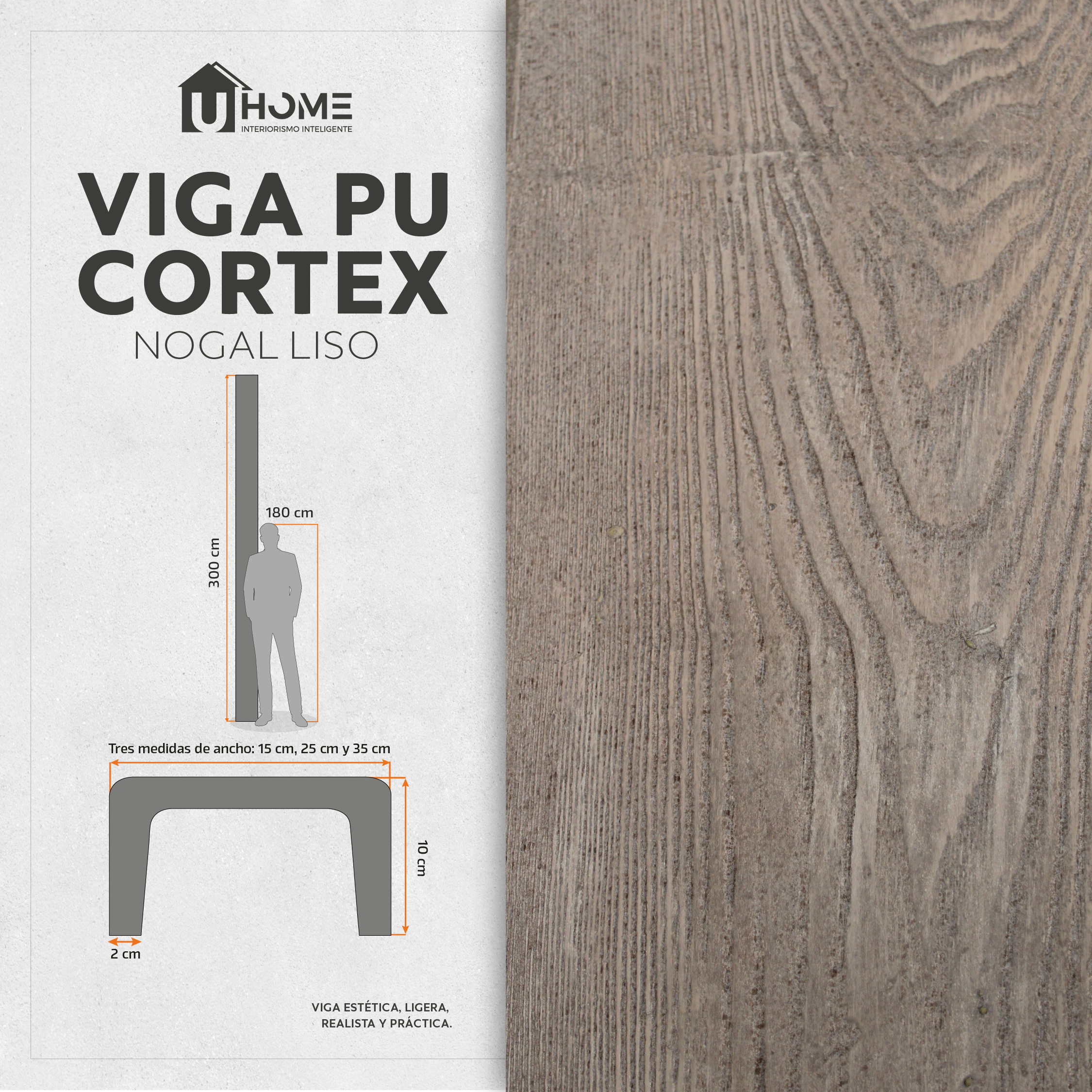 Viga Interior PU Lisa Nogal 15 x 10 x 300 cm
