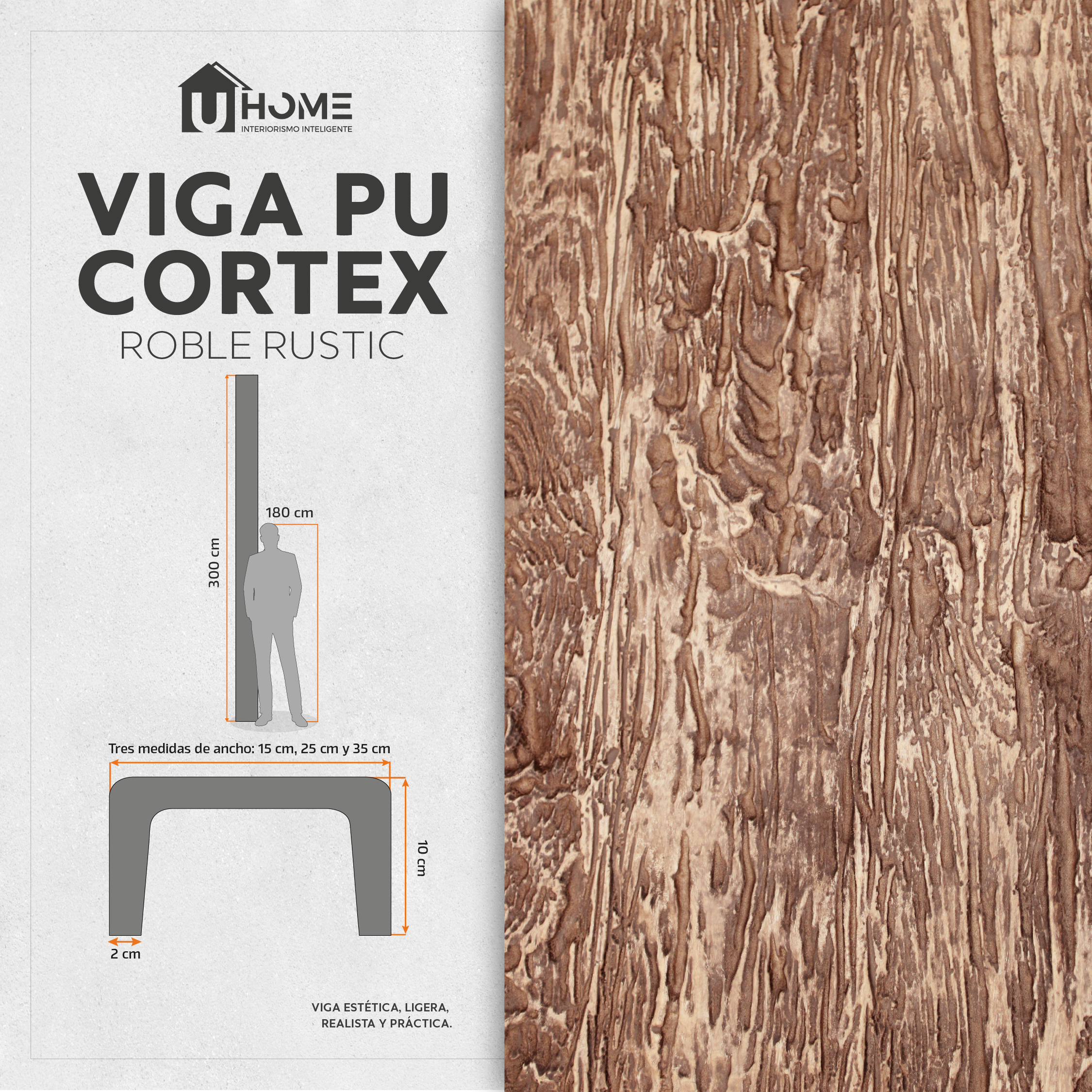 Viga Interior PU Rústica Roble 25 x 10 x 300 cm